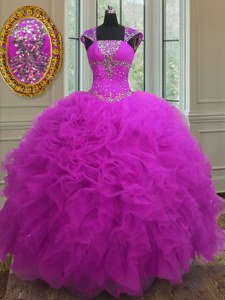 Deluxe Straps Sleeveless Floor Length Beading and Ruffles and Sequins Lace Up Vestidos de Quinceanera with Fuchsia