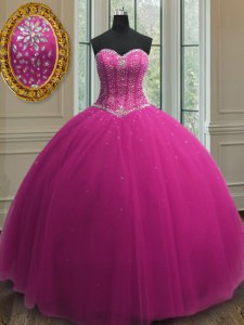 Fuchsia Ball Gowns Beading and Sequins Vestidos de Quinceanera Lace Up Tulle Sleeveless Floor Length