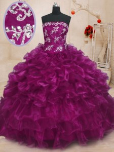 Beading and Appliques and Ruffles Quinceanera Dresses Fuchsia Lace Up Sleeveless Floor Length
