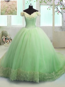 Off The Shoulder Short Sleeves Sweet 16 Dresses With Train Court Train Hand Made Flower Apple Green Organza