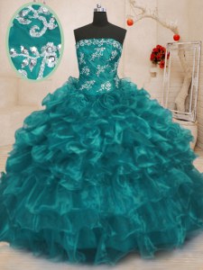 Custom Designed Turquoise Organza Lace Up Strapless Sleeveless Floor Length 15th Birthday Dress Beading and Appliques and Ruffles