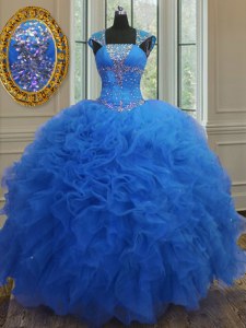 Cap Sleeves Floor Length Beading and Ruffles and Sequins Lace Up Quince Ball Gowns with Royal Blue