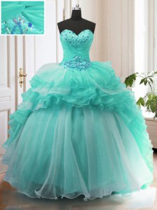 Super Organza Sweetheart Sleeveless Sweep Train Lace Up Beading and Ruffles Sweet 16 Dress in Turquoise