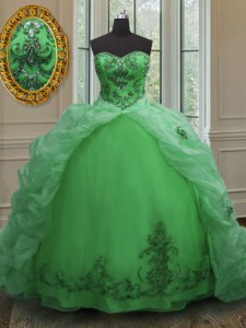 Amazing Green Ball Gowns Beading and Appliques and Pick Ups Sweet 16 Dresses Lace Up Organza Sleeveless With Train
