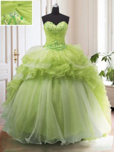 Yellow Green Ball Gowns Beading and Ruffled Layers Quinceanera Dresses Lace Up Organza Sleeveless With Train