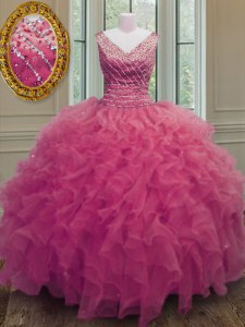 Hot Pink Ball Gowns V-neck Sleeveless Organza Floor Length Zipper Beading and Ruffles Quinceanera Gown