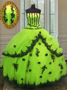 Fashionable Ball Gowns 15 Quinceanera Dress Yellow Green Strapless Tulle Sleeveless Floor Length Lace Up