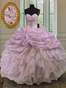 Unique Lilac Lace Up Sweetheart Beading and Ruffles Sweet 16 Dress Organza Sleeveless