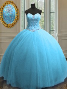 Fancy Baby Blue Sleeveless Floor Length Beading and Sequins Lace Up Ball Gown Prom Dress