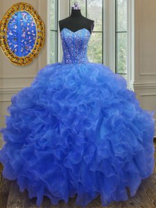Hot Sale Beading and Ruffles 15 Quinceanera Dress Blue Lace Up Sleeveless Floor Length