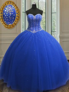 Great Royal Blue Sleeveless Beading and Sequins Floor Length Quinceanera Dress