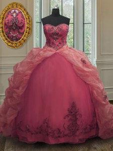 Clearance Pink Ball Gowns Organza Sweetheart Sleeveless Beading and Appliques and Pick Ups With Train Lace Up Quince Ball Gowns Court Train