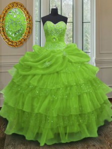 Sweetheart Sleeveless Organza 15 Quinceanera Dress Beading and Ruffled Layers and Pick Ups Lace Up