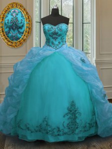 Aqua Blue Quinceanera Dress Military Ball and Sweet 16 and Quinceanera and For with Beading and Appliques and Pick Ups Sweetheart Sleeveless Court Train Lace Up