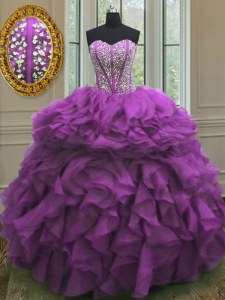 Purple Sweetheart Lace Up Beading and Ruffles Quinceanera Gowns Sleeveless