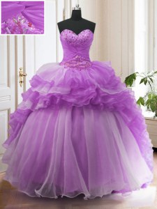 Purple Lace Up Quinceanera Gowns Beading and Ruffled Layers Sleeveless Sweep Train