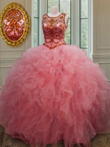Pink Ball Gowns Tulle Scoop Sleeveless Beading and Ruffles Floor Length Lace Up Quinceanera Dresses
