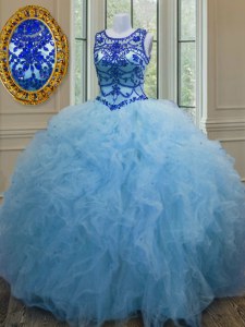 Tulle Scoop Sleeveless Lace Up Beading and Ruffles Vestidos de Quinceanera in Baby Blue