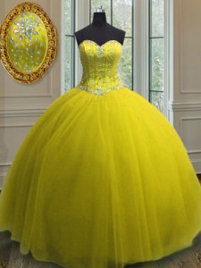 Yellow Lace Up Sweetheart Beading and Sequins Ball Gown Prom Dress Tulle Sleeveless