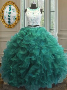 Perfect Turquoise Clasp Handle Scoop Appliques and Ruffles Quinceanera Gowns Organza Sleeveless