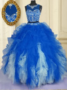 Deluxe Blue And White Zipper Scoop Beading and Ruffles Sweet 16 Dresses Tulle Sleeveless