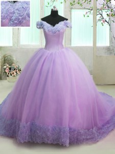 Fashion Off the Shoulder Organza Short Sleeves With Train Quinceanera Gown Court Train and Hand Made Flower