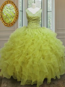 Sleeveless Organza Floor Length Zipper Quinceanera Gowns in Yellow Green with Beading and Ruffles