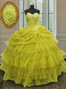 Charming Floor Length Lace Up Quinceanera Dress Yellow for Military Ball and Sweet 16 and Quinceanera with Beading and Ruffled Layers and Pick Ups