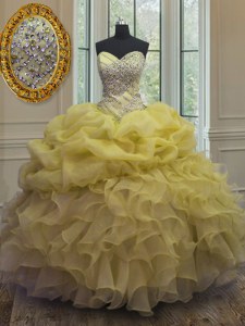 Modest Floor Length Yellow Quince Ball Gowns Organza Sleeveless Beading and Ruffles and Pick Ups