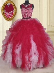 Low Price Two Pieces Quinceanera Dress White And Red Scoop Tulle Sleeveless Floor Length Zipper