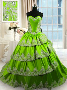 Charming Ruffled With Train Green Quinceanera Dresses Sweetheart Sleeveless Court Train Lace Up
