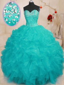 Free and Easy Sleeveless Floor Length Beading and Ruffles Lace Up Sweet 16 Dress with Aqua Blue