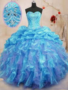 Clearance Aqua Blue Ball Gowns Sweetheart Sleeveless Organza Floor Length Lace Up Beading and Ruffles Quinceanera Gowns