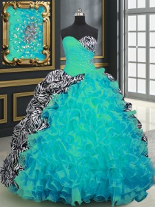 Printed Sleeveless Brush Train Lace Up With Train Beading and Ruffles and Pattern Sweet 16 Quinceanera Dress