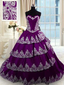 Purple Taffeta Lace Up Sweet 16 Quinceanera Dress Sleeveless With Train Court Train Beading and Appliques and Ruffled Layers