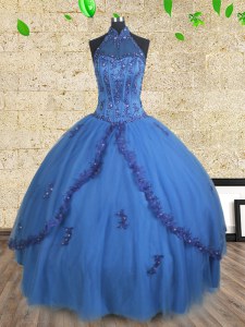 Artistic Blue Tulle Lace Up Halter Top Sleeveless Floor Length Quinceanera Dress Beading