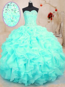 Inexpensive Sleeveless Floor Length Beading and Ruffles Lace Up Quinceanera Dress with Aqua Blue