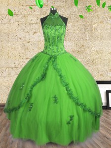 Delicate Halter Top Neckline Beading Ball Gown Prom Dress Sleeveless Lace Up