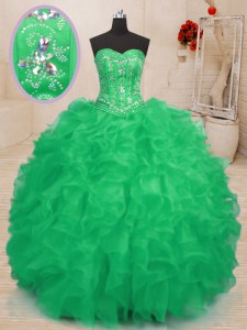 Sweetheart Sleeveless Ball Gown Prom Dress Floor Length Beading and Ruffles Teal and Green Organza