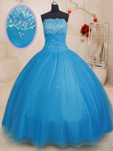 Customized Baby Blue Sweet 16 Dresses Military Ball and Sweet 16 and Quinceanera and For with Beading Strapless Sleeveless Lace Up