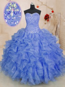 Blue Ball Gowns Organza Sweetheart Sleeveless Beading and Ruffles Floor Length Lace Up Quince Ball Gowns