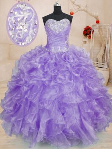 New Style Lavender Ball Gowns Sweetheart Sleeveless Organza Floor Length Lace Up Beading and Ruffles Sweet 16 Dress