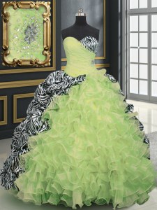 Customized Yellow Green Organza and Printed Lace Up Sweetheart Sleeveless With Train Sweet 16 Dress Brush Train Beading and Ruffles and Pattern