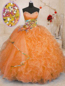 Beading and Ruffles Sweet 16 Dresses Orange Lace Up Sleeveless Floor Length