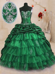 Beading and Appliques and Ruffled Layers and Pick Ups Sweet 16 Dress Dark Green Lace Up Sleeveless With Train Sweep Train