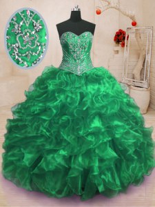 High End Sweetheart Sleeveless Sweep Train Lace Up Quince Ball Gowns Green Organza