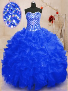 Royal Blue Ball Gowns Beading and Ruffles and Sequins Vestidos de Quinceanera Lace Up Organza Sleeveless Floor Length