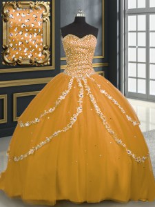 Low Price Gold Sleeveless Brush Train Beading and Appliques With Train Sweet 16 Dresses