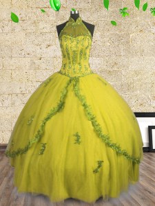 Latest Halter Top Sleeveless Lace Up 15 Quinceanera Dress Yellow Tulle