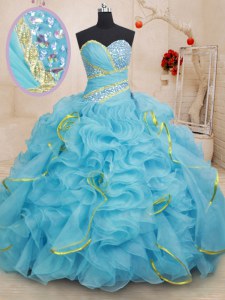 Sleeveless Organza With Brush Train Lace Up Ball Gown Prom Dress in Baby Blue with Beading and Ruffles